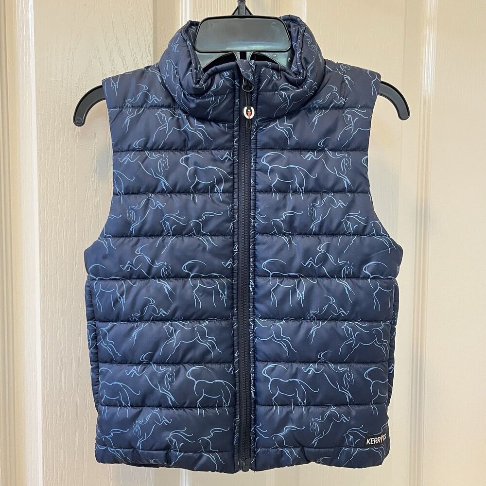 Kerrits Winter Whinnies Quilted Equestrian Puffer Vest Horses Blue Girls S 6-7